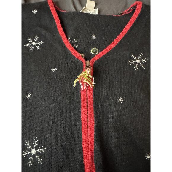 Christopher & Banks Medium Black Sweater Cardigan Christmas Holiday Santa Snow - Picture 6 of 8